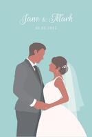 Black skin bride in white dress and groom in gray suit holding each other happily for wedding ceremony invitation card flat characters on mint green background. vector