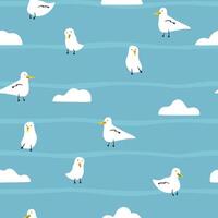 Funny seagull and white cloudy. Semless marine pattern vector