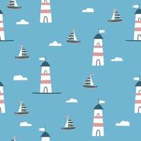 Marine seamless pattern with cartoon boat, lighthouse and cloudy vector