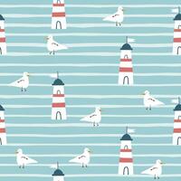 Marine seamless pattern with cartoon seagull and lighthouse on strip background. vector