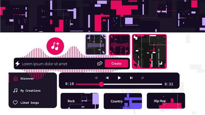 Interface Elements of the new Neural Network for creating Music by prompt. Service for Generating Songs. illustration