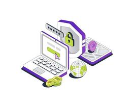 Laptop makes a Purchase. A flying Shield and a Delivery Map with a placeholder. The concept of Safe Online Shopping. Secure Payment with Protection. Isometric vector