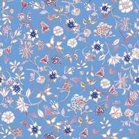 Hand-drawn, doodle floral pattern of wild flowers drawn in light lines on an azure background. seamless pattern for summer. vector