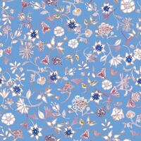 Hand-drawn, doodle floral pattern of wild flowers drawn in light lines on an azure background. seamless pattern for summer. vector