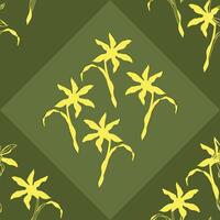 seamless classic geometric diamond shapes pattern with hand drawn blooming narcissus on dark green background. vector