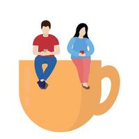 un chico y un niña con tazas en su manos son sentado en un enorme taza, café romper, aislar en blanco, plano vector