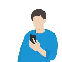 Portrait of a guy with a phone in his hand, faceless illustration, isolate on white, flat vector