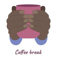 Cup in dark female hands, coffee break, isolate on white, flat vector