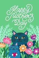 un con letras de mano de la madre día fiesta tarjeta. un madre gato y un gatito son en pie en un flor prado y participación un corazón en su patas vector