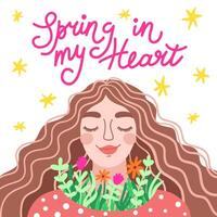 A postcard with lettering Spring in my heart. A girl with a bouquet of flowers vector