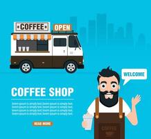 Coffee on wheels. Coffee shop design flat style vector