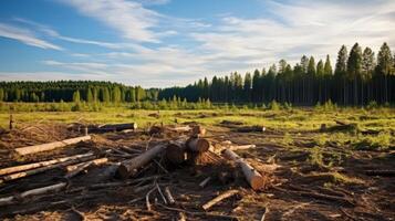 Deforested area with stumps and discarded trees photo