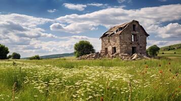 Empty rural cottage amidst grassland photo