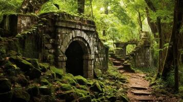 Ancient fortress remnants amid peaceful woodland photo