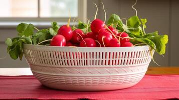 Brimming porcelain container with fresh radish photo