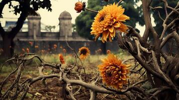 marchito jardín junto a floreciente uno foto