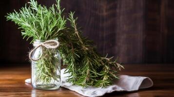 Glass container holding bunches of aromatic lavender photo