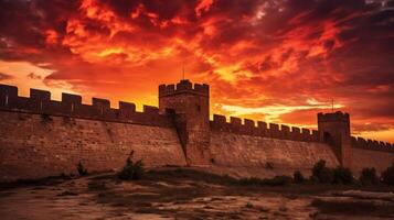 Castle walls under fiery sunset photo