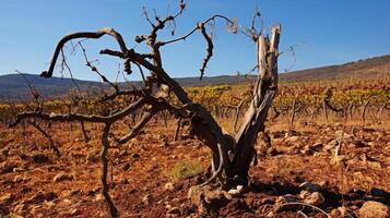 marchito viñedo en medio de seco paisaje foto