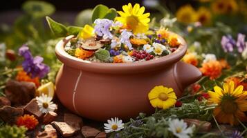 Terracotta pot with assorted gourds photo