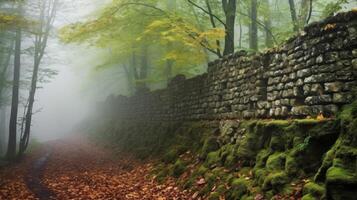 Fortress walls in mist covered forest photo