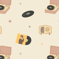 Seamless pattern of objects from the past, radio, vinyl record, gramophone. Retro style background for your design, hand-drawn illustration. vector
