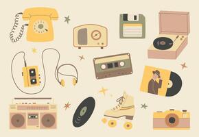 Set of retro objects musical equipment, roller skates, floppy disk and others. vector