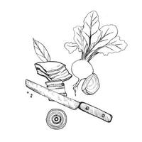 Illustration. composition. Lard, a piece of lard, a bay leaf, beets, peppercorns, vegetable slices, a knife. All objects are drawn in in black. For printing on paper, menus, recipes vector