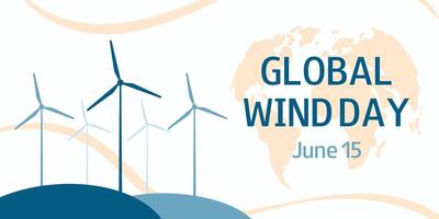 Wind turbines on the white background. Global Wind Day. June 15. Horizontal banner, card, flyer. vector