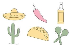 Mexican set drawn in one continuous line in color. One line drawing, minimalism. illustration. vector