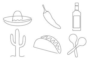 Mexican set drawn in one continuous line. One line drawing, minimalism. illustration. vector