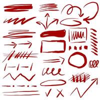 A group of brush-drawn arrows and frames and lines. Hand drawn red symbols for hand drawn diagrams. Drawing with marker. Lots of curved arrows, tick marks, crosses, circles and squares. vector