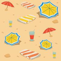 Seamless beach pattern. Beach umbrella and towel with drink in glass on sand. Flat design style. Summer background. vector