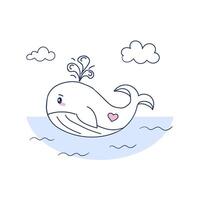 Hand-drawn doodle style of a small whale swimming in the ocean among waves and clouds. line art illustration on white background vector