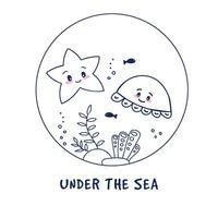 estrella de mar y pulpo a el fondo de el mar con rocas, algas y corales mano dibujado garabatear ilustración con letras vector
