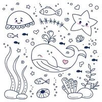 Set of sea doodles with cute animals whale, octopus, sea star, fish. Hand-drawn algae and plants, bubbles and stones. vector