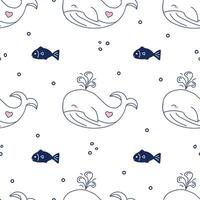 Seamless baby pattern with cute whale hand drawn in doodle style, with fish and bubbles. The pattern is included in the Swatches panel vector