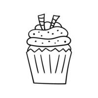 Hand drawn festive cupcake with cream, in doodle style vector