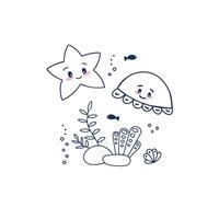 Starfish and octopus at the bottom of the sea with rocks, algae and corals. Hand drawn doodle illustration vector