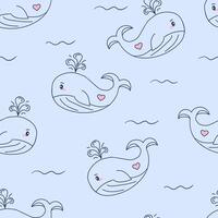 Seamless pattern with hand drawn whale and waves on blue background. illustration vector