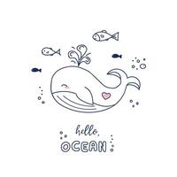 dibujado a mano garabatear estilo de un pequeño ballena, pescado y burbujas línea Arte ilustración con Hola Oceano letras vector
