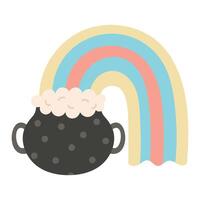 cartoon illustration of saucepan or magic cauldron with rainbow. vector