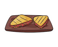 doodle illustration of quesadilla on wooden board, mexican spicy food isolated on white. vector