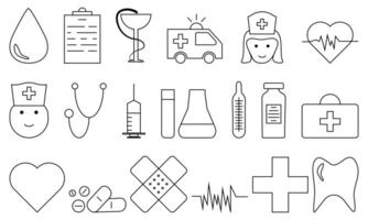 conjunto de íconos con medicamentos, herramientas y equipo vector