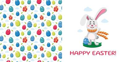 Postcard template with Easter rabbit holding Ester egg showing thumbs up. Iillustration of bunny and seamless pattern with Easter eggs. Happy Easter concept. Cartoon style vector