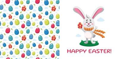 Postcard template with Easter rabbit holding Ester egg showing thumbs up. Illustration of bunny and seamless pattern with Easter eggs. Happy Easter concept. Cartoon style vector