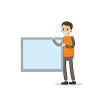 A person holds a glass, a window, a sign. Flat illustration vector