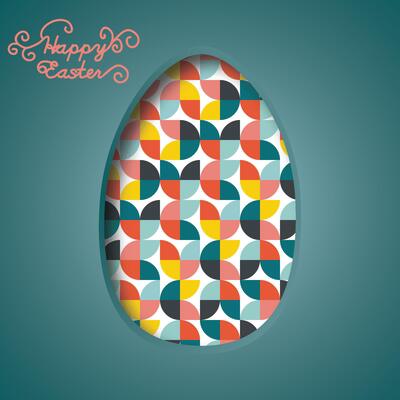 Happy Easter banner. Colorful Easter eggs and 3d abstract multicolor paper cut shapes. Design for holiday flyer, poster, greeting card, party invitation.