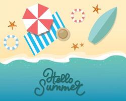 Hello summer concept. Top view of beach. Template for poster, banner, card, flyer etc. vector