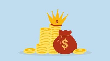 Cash is king, Animation of stack of money dollar coins and money bag with precious king golden crown. video